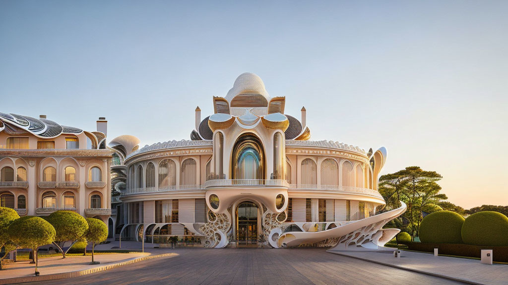 Modern artistic design of ornate building with curved balconies and intricate details at dusk