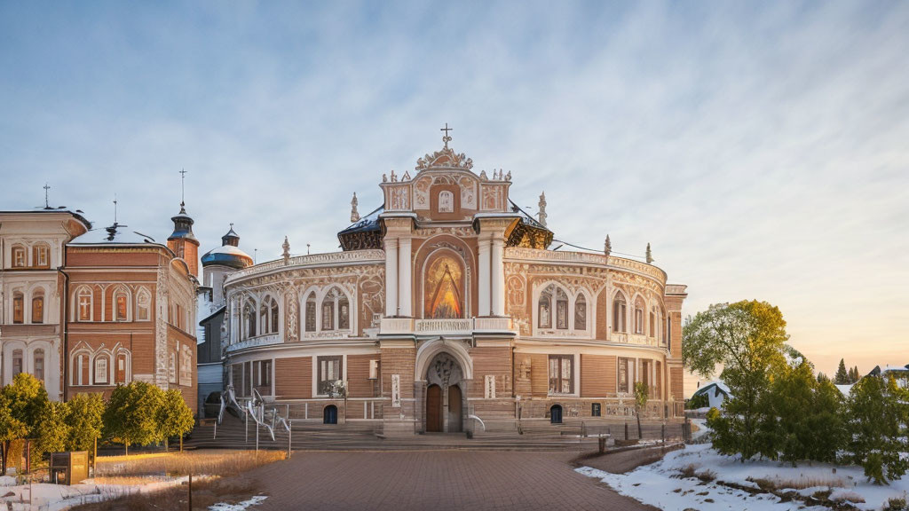 Ornate Religious Building with Intricate Designs in Snowy Landscape