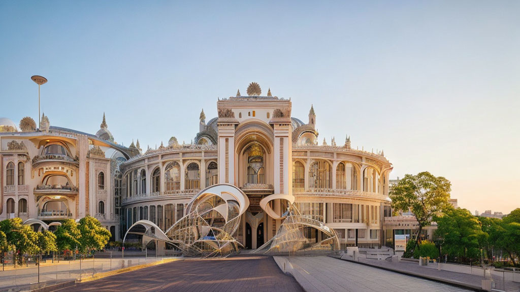 Elaborate architecture and modern canopies under clear sky