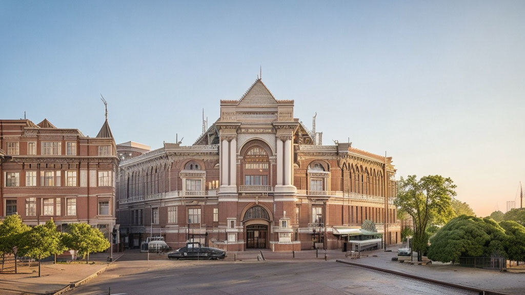 Historic red-brick building with arches and grand entrance at dawn or dusk