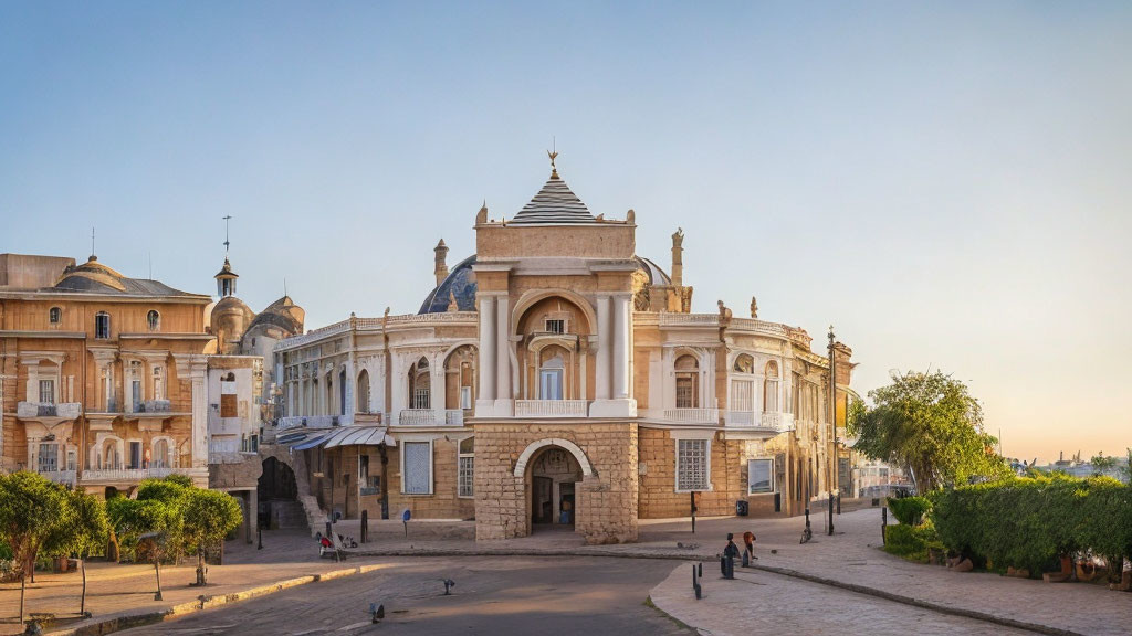 Classical architecture building on city square with pedestrians at golden hour