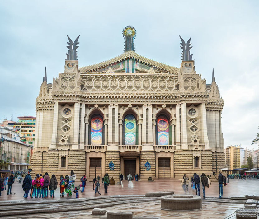 Ornate Building with Stained Glass Windows and Colorful Star in a Square