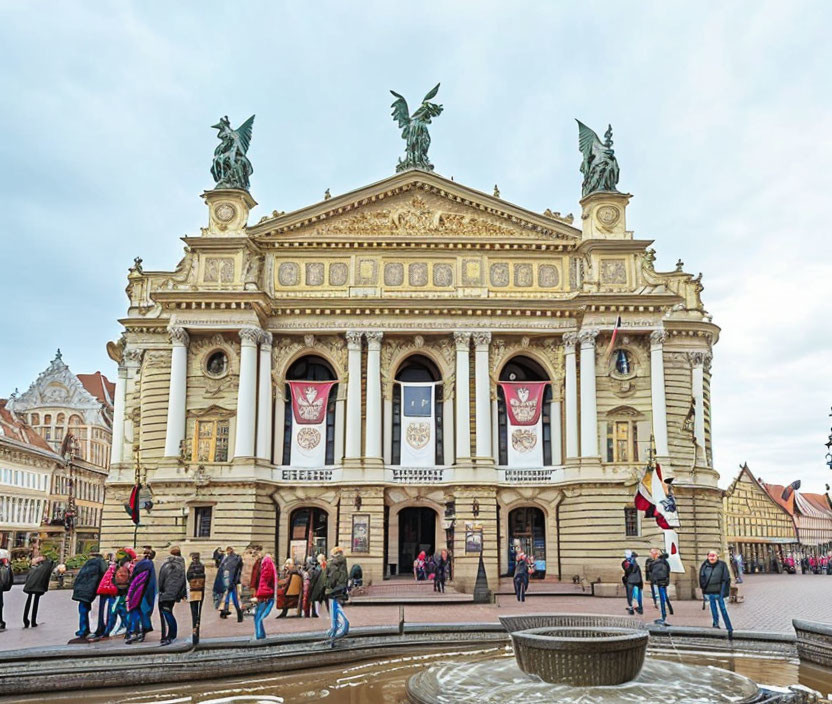 Historical building facade with statues and flags under cloudy sky