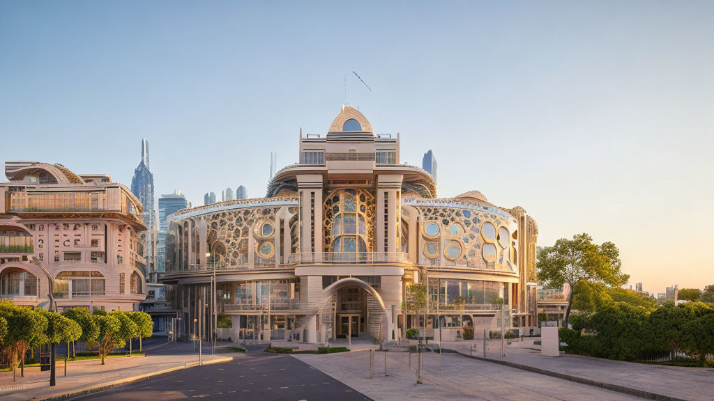 Opulent building with traditional and modern architecture in cityscape at sunset