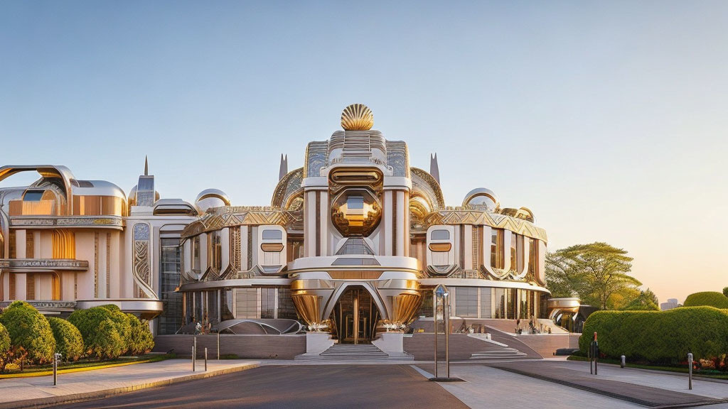 Opulent art deco building with gold accents and spherical structure at sunrise or sunset