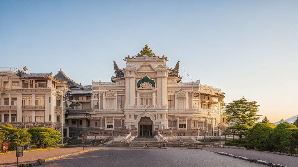 Traditional white building surrounded by modern structures and greenery