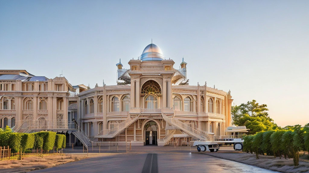 Opulent palace with central dome and grand staircases at dusk