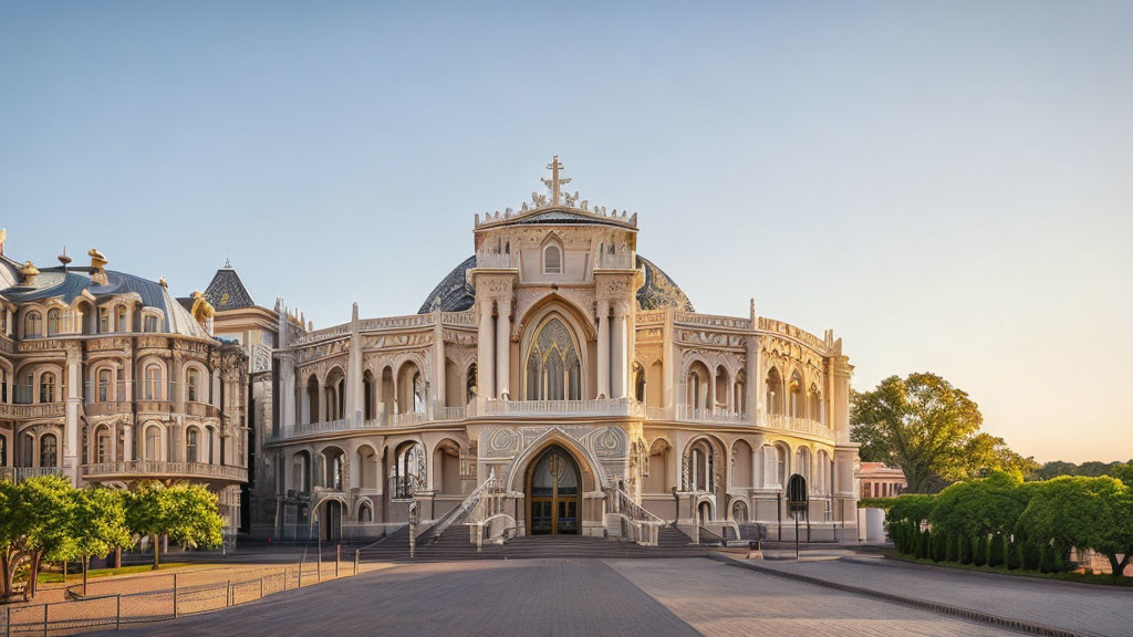 Neo-Gothic architectural masterpiece surrounded by greenery and plaza.