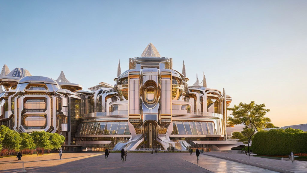 Modern futuristic building with metallic domes and intricate design.