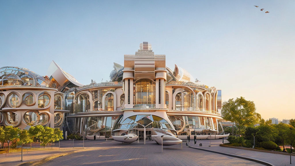 Architectural complex with curved glass facades and spherical structures at dusk