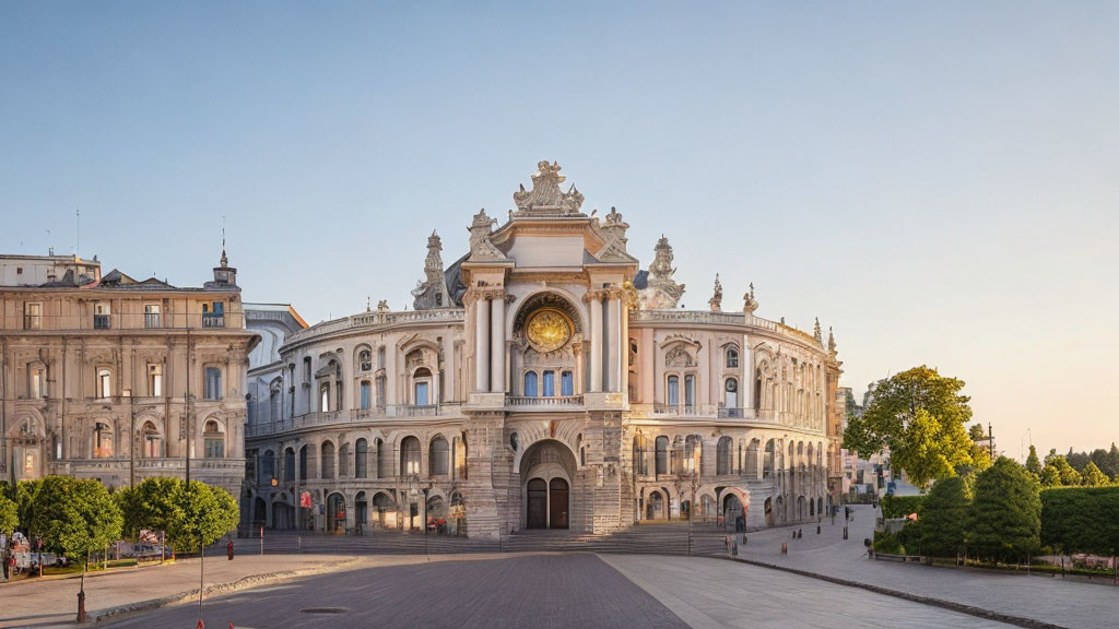 Baroque-style building with grand arches and sculptures on a spacious square.