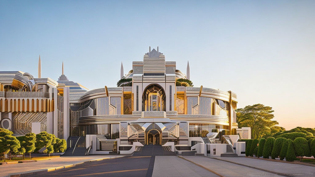 Symmetrical futuristic building with ornate entrance and arched windows