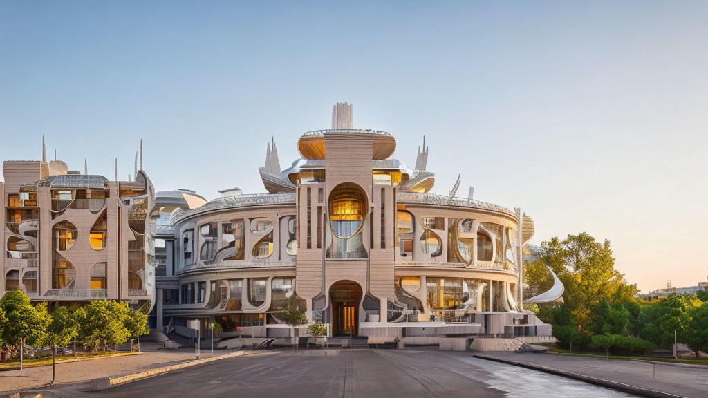 Futuristic circular design building at dusk with ornate elements