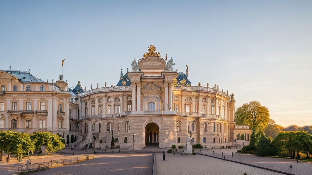 Sunrise illuminates ornate palace with intricate architectural details