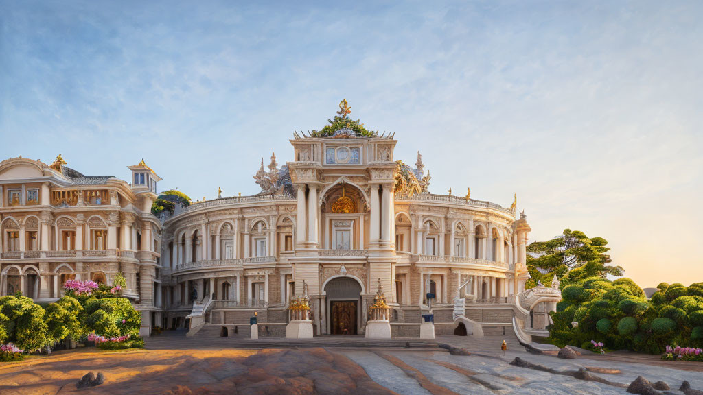 Luxurious white palace with gold accents and manicured gardens at golden hour