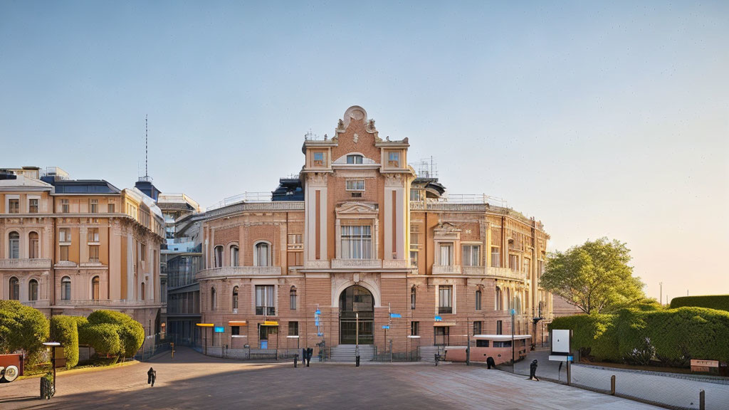 Historic beige building with ornate details in spacious square