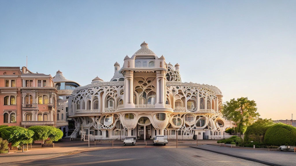 Ornate white building with balconies and arched windows in natural setting