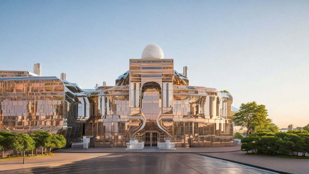 Modern building with spherical structure, glass facades, and metallic frameworks.