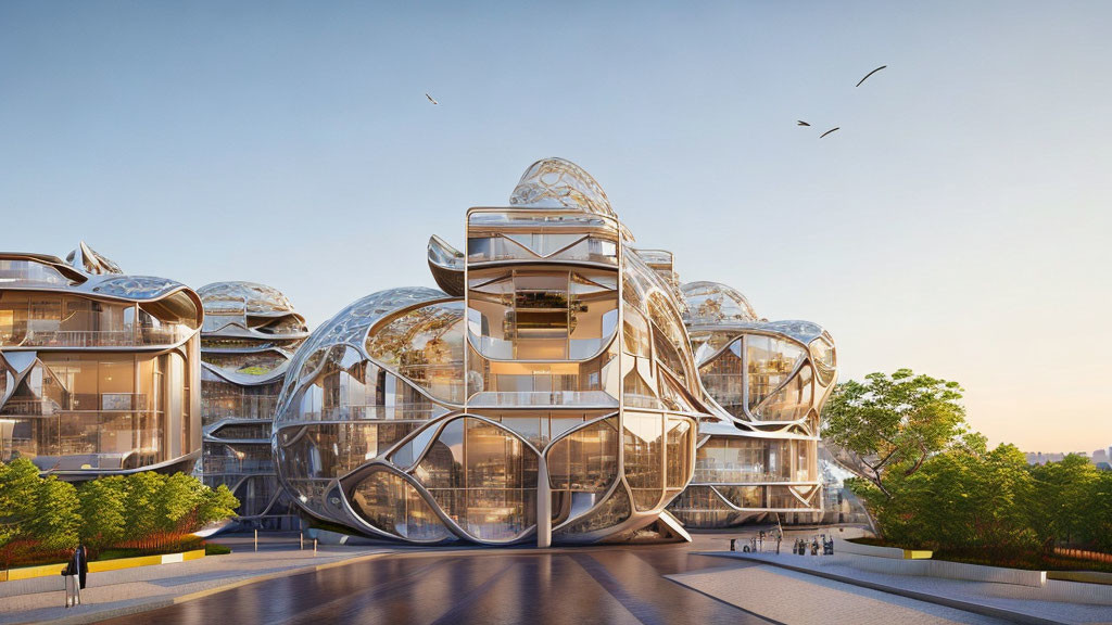 Modern architecture with transparent spherical structures and metallic frames in a green landscape at sunrise or sunset