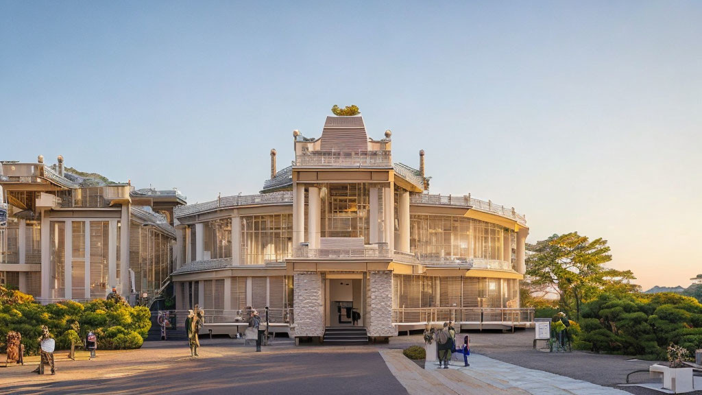 Traditional Asian Building with Golden Roof Ornament and Manicured Trees