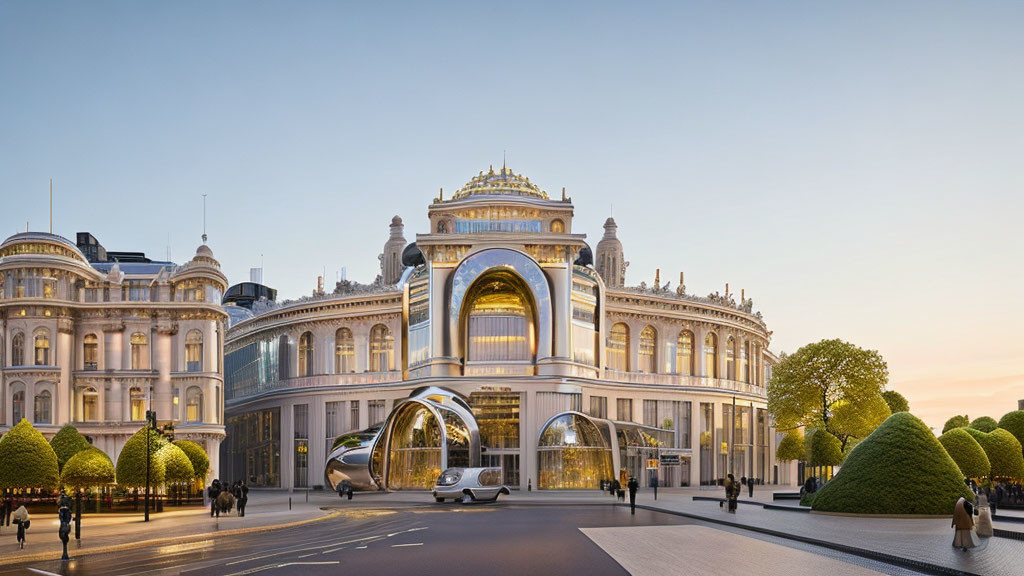 Classical architecture with golden archway, topiary, and futuristic pods