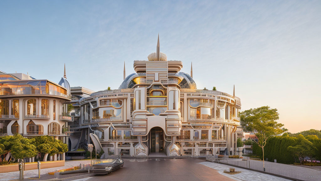 Modern building with central spire, dome structures, ornate balconies, lush trees, and sleek