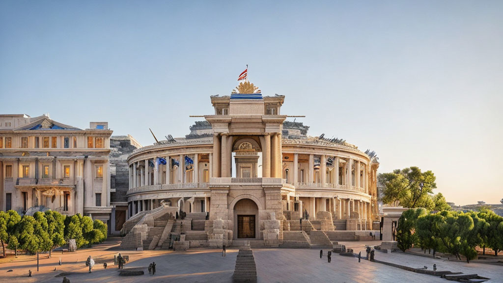 Neoclassical building with columns, statues, and flags in open square