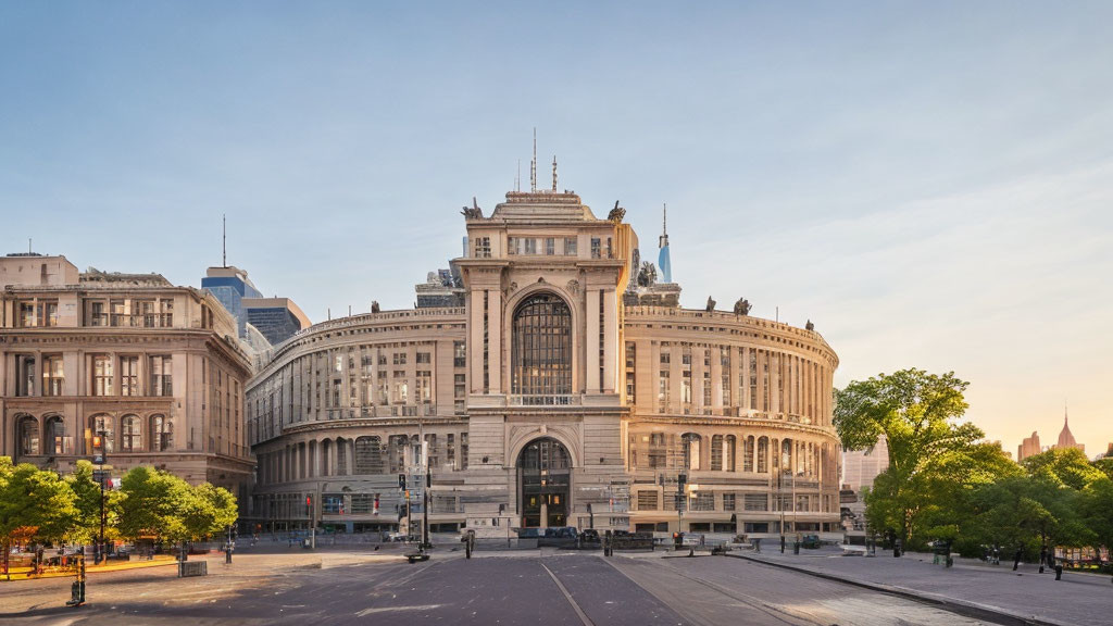 Neoclassical architecture of a grand historic building at dawn or dusk