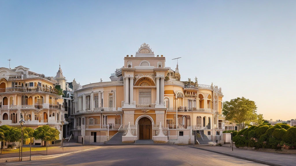 Historic building with arched windows and intricate details at dawn or dusk