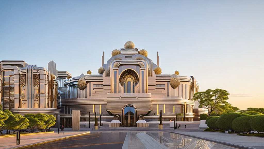 Futuristic architectural complex with domes and tree-lined avenue at sunset