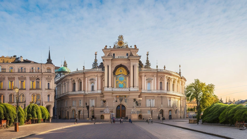 Ornate building with clock tower and symmetrical wings under clear blue sky