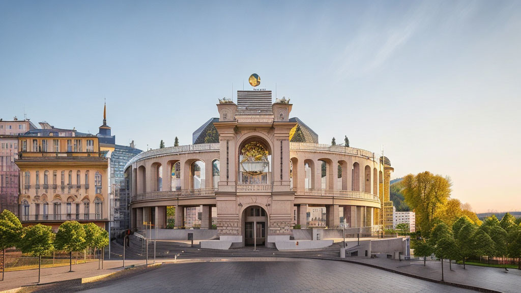 Classical architectural building with arches and dome in urban setting at dusk or dawn