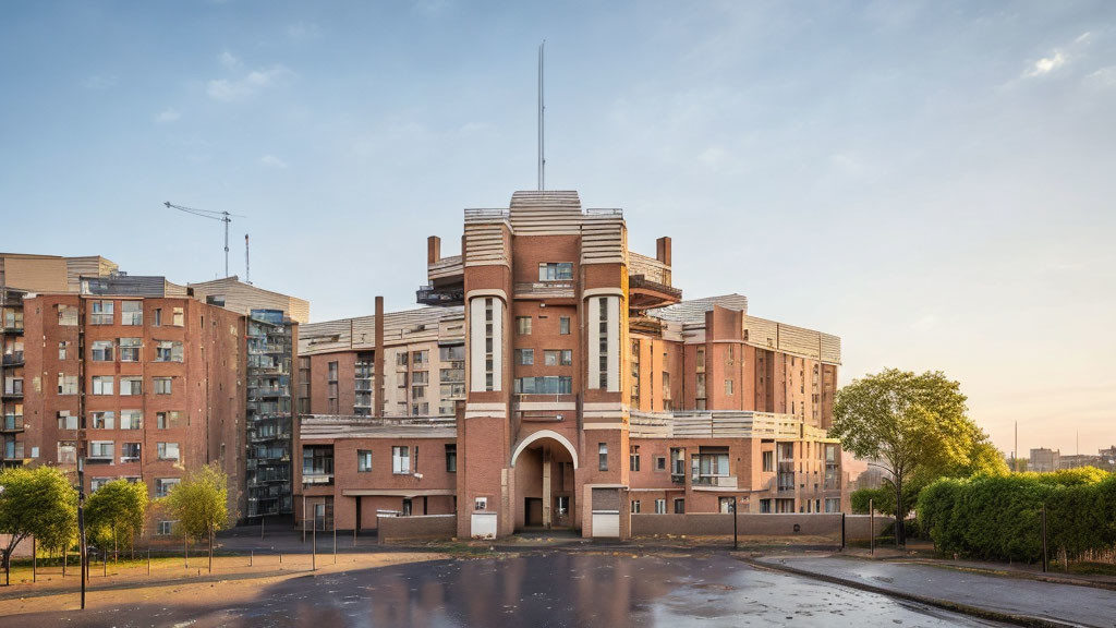 Tiered facade and central tower on Art Deco building with modern apartment blocks under clear sky at dawn