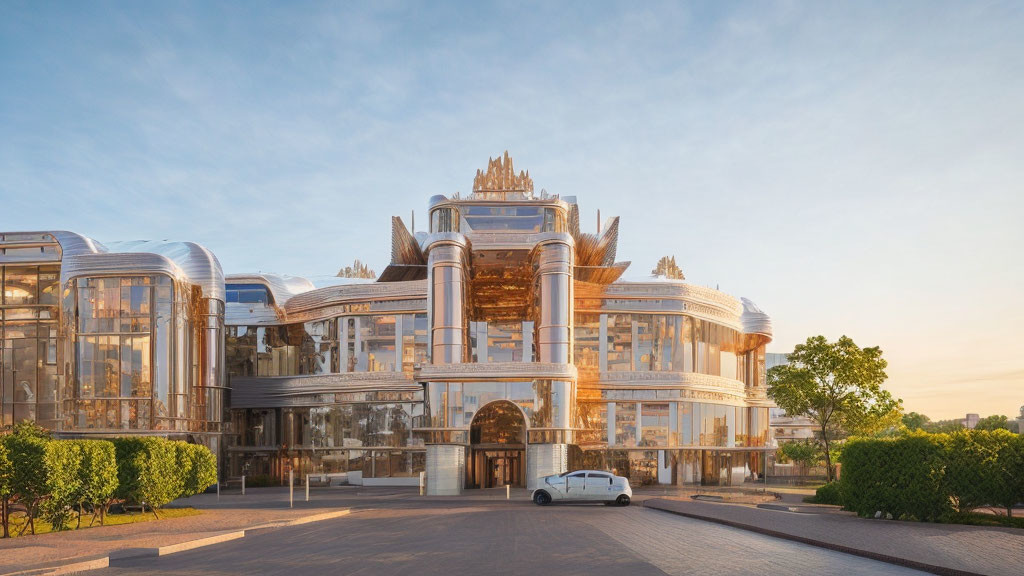 Glass façade building with golden detailing and car, sunrise or sunset skyline