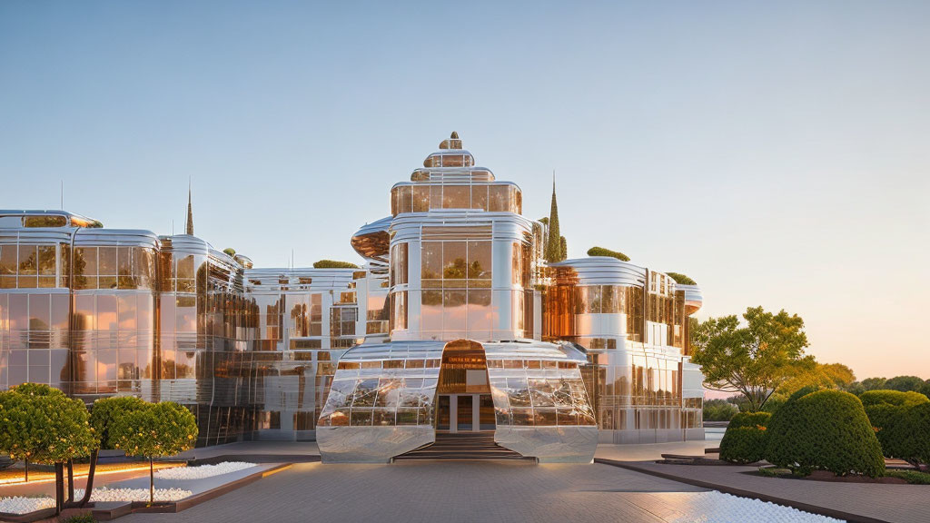 Reflective glass building with curved tiers and green terraces at twilight