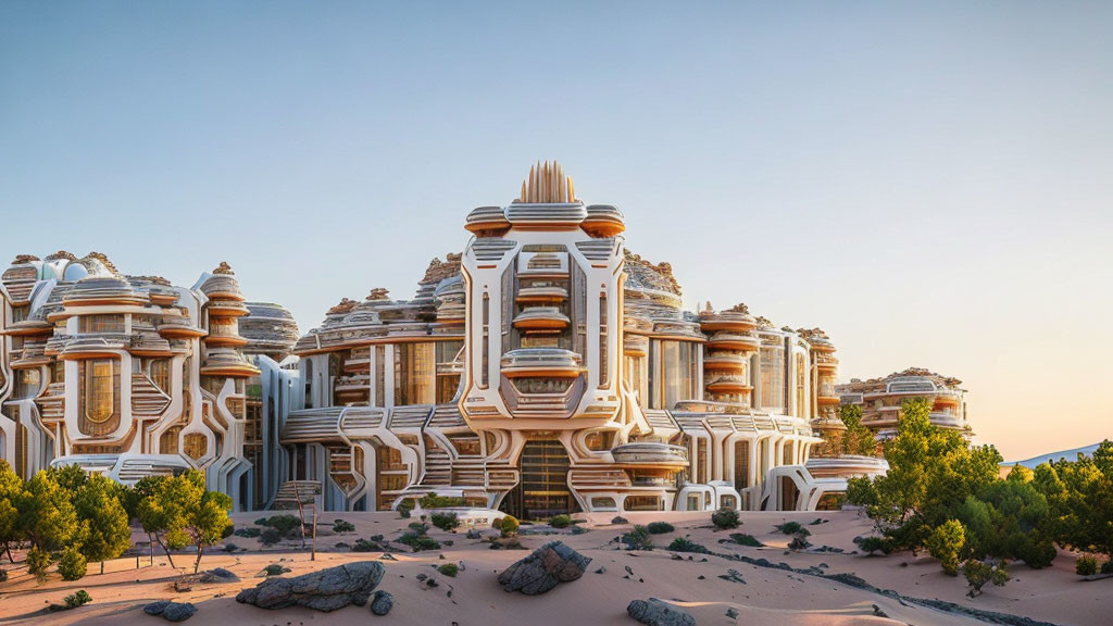 Layered white and beige buildings in futuristic desert city at sunset