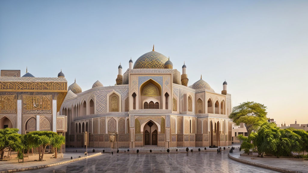 Grand Mosque with Intricate Designs and Dome in Serene Dusk Setting