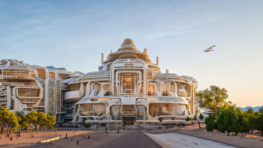 Organic white curved futuristic building at dusk surrounded by greenery