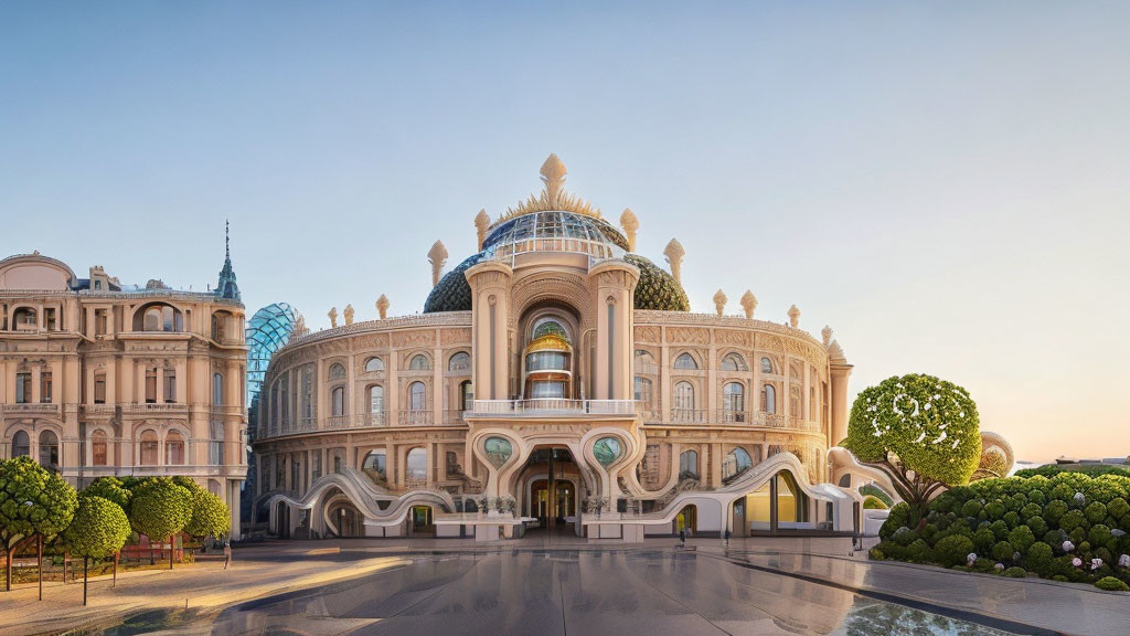 Ornate building with domed roof and intricate facade at golden hour