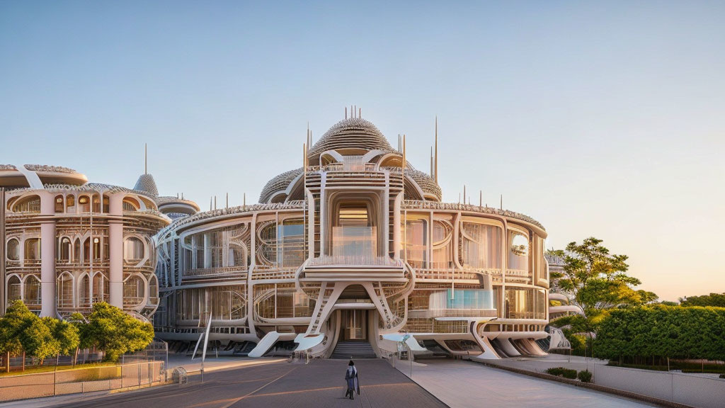 Modern rounded building with ornate features at dusk