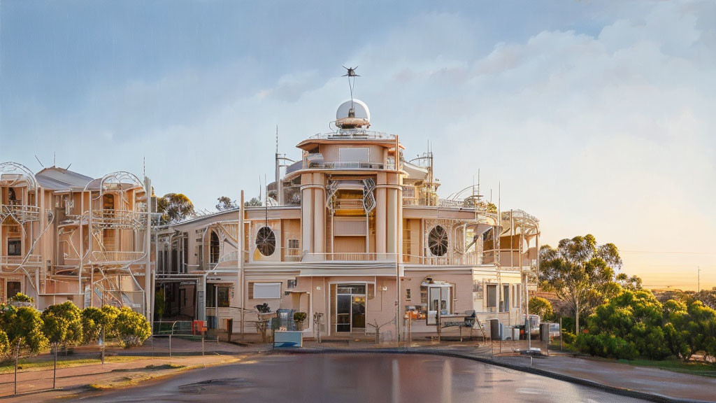 Ornate building with dome and weather vane against pink dusk sky