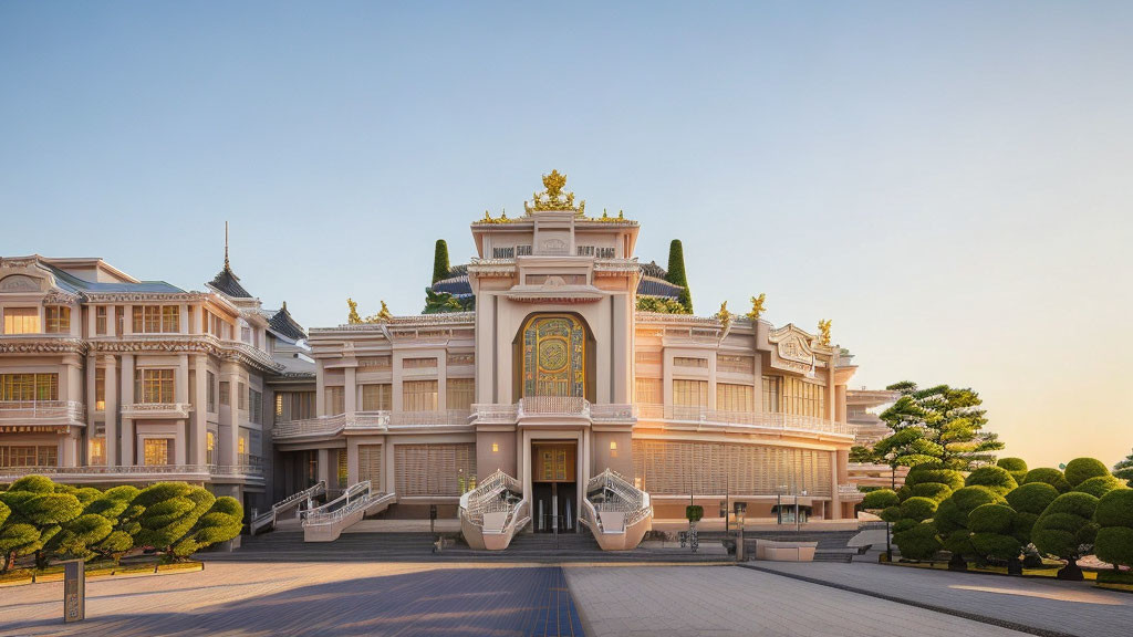 Ornate golden details on classical building against clear sky