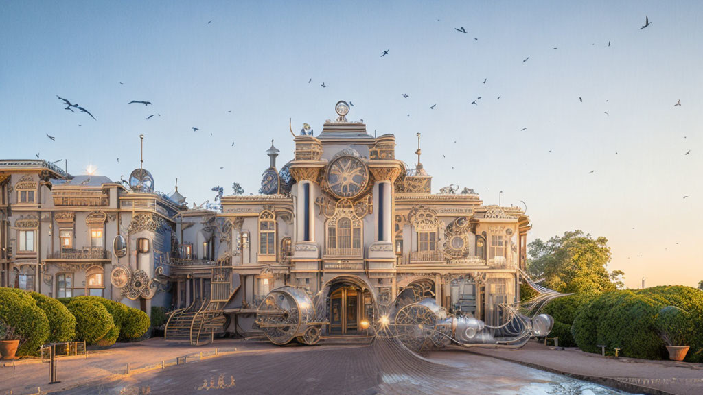 Victorian architecture building with clock features at sunset.