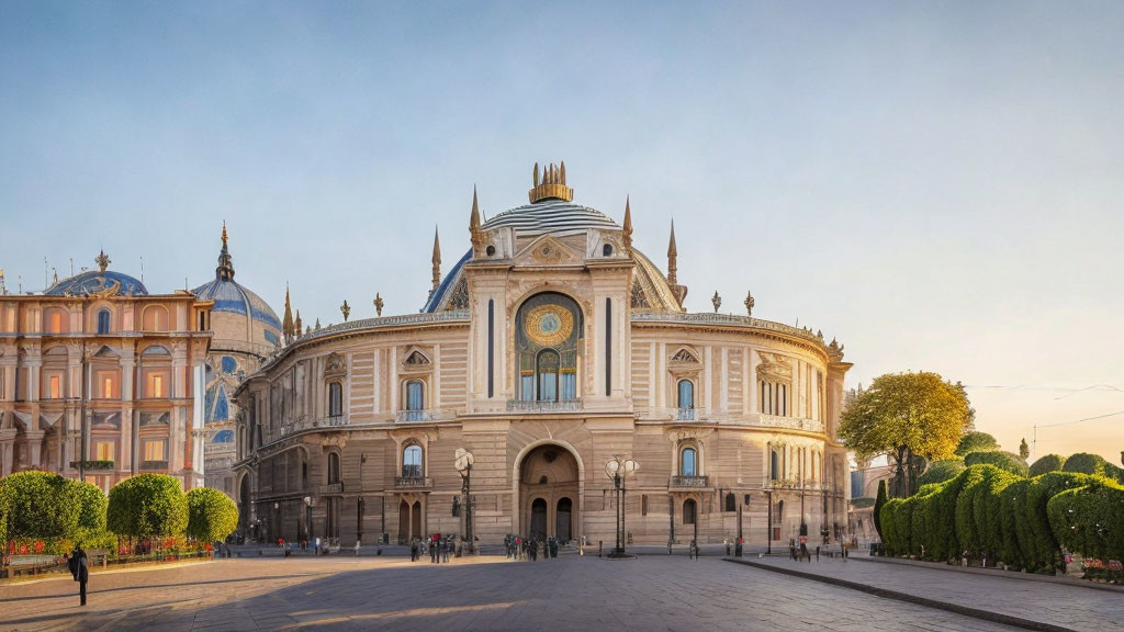 Historic building with central dome and ornate facades in soft sunlight