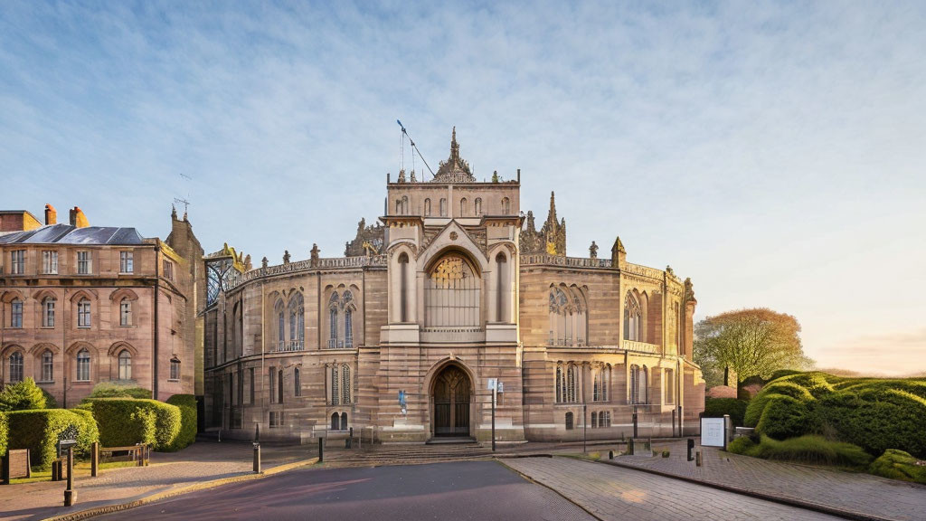 Gothic architectural building at dusk with modern structures and empty road