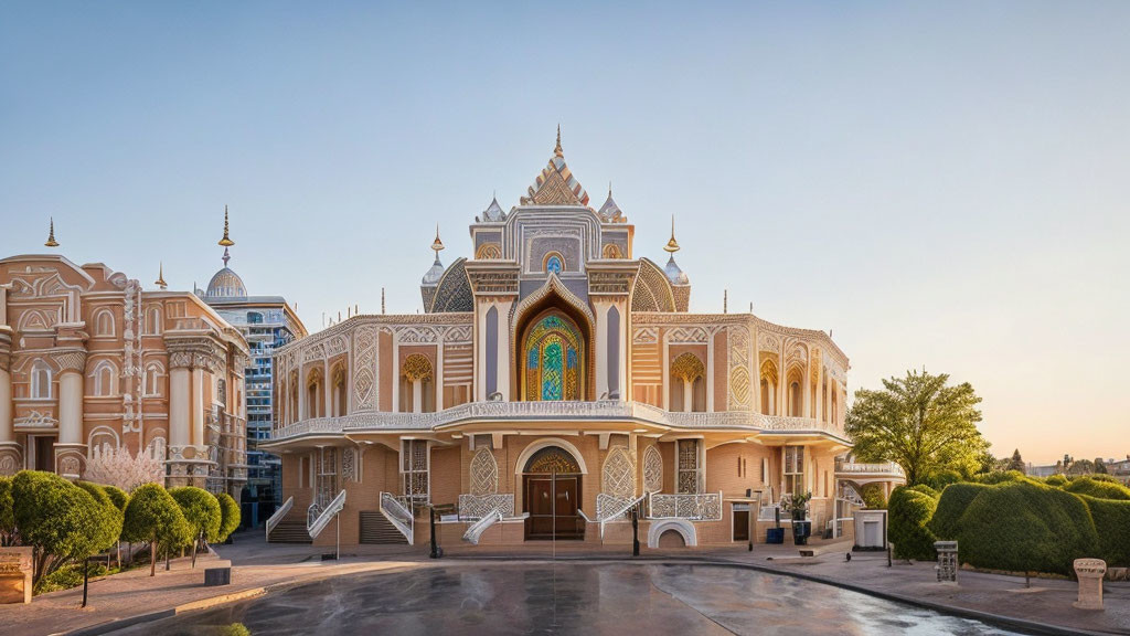 Ornate building with domes and intricate designs under clear sky at sunrise or sunset