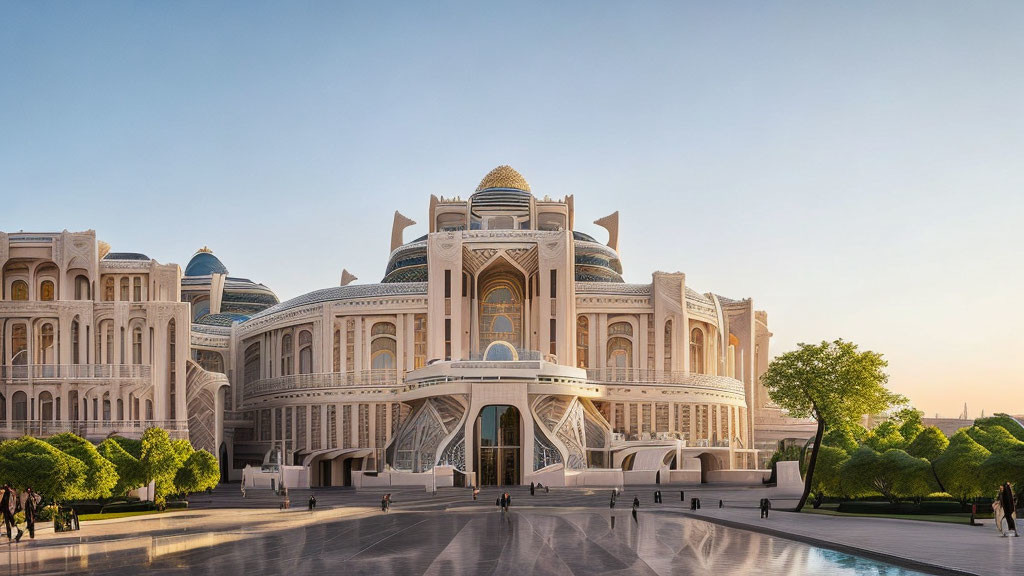 Islamic architecture: Opulent building with domes and arches at sunset