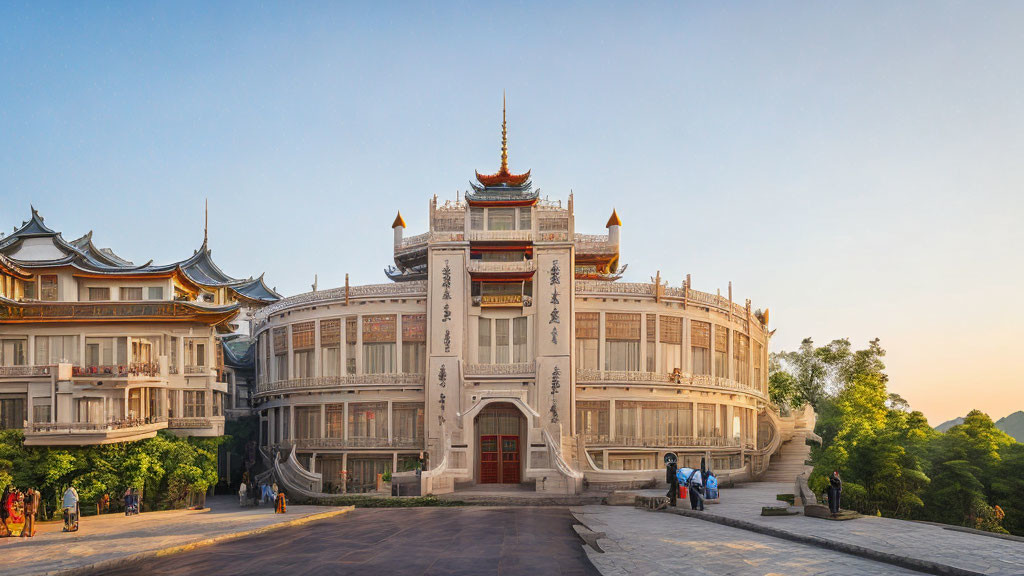 Traditional Asian-style Building with Intricate Roofs and People Walking Outdoors