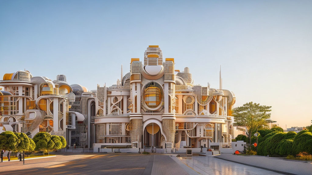 Modern building with white and gold circular designs and arches under clear sunset sky