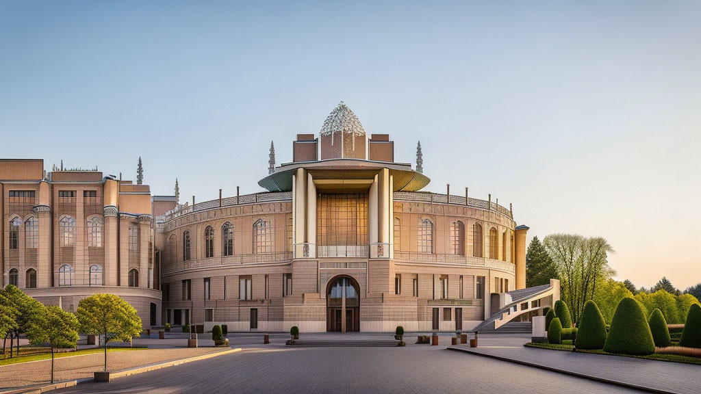 Neoclassical building with grand staircase, glass dome, and manicured gardens at twilight